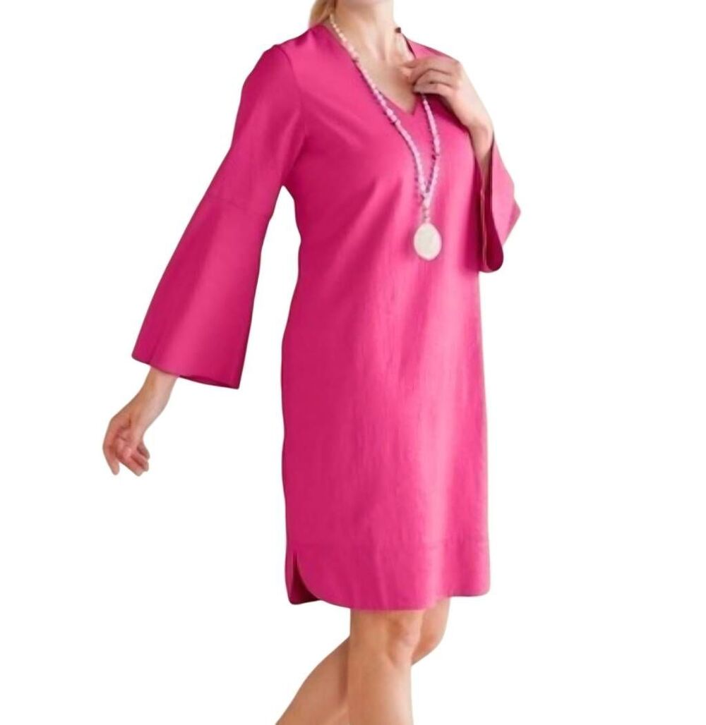 NWT Soft Surroundings Dress Women's Medium Petite Pink Soleil Linen Bell Sleeve